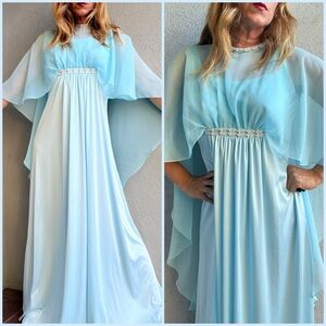 Vintage 60s Emma Domb Blue Maxi Caped Fairy Core Formal Maxi Dress Sz 10